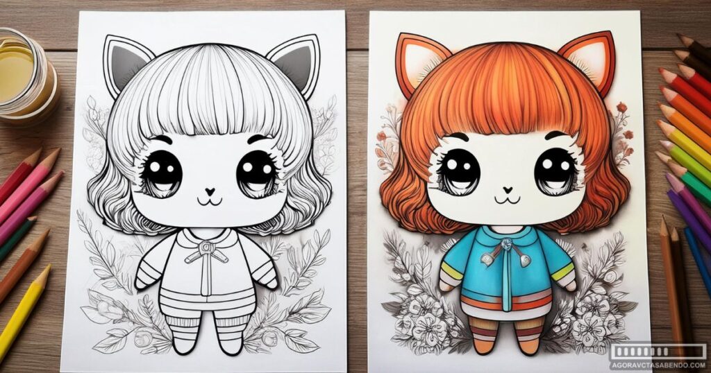 desenhos de boneca kawai para colorir em preto e branco e colorido